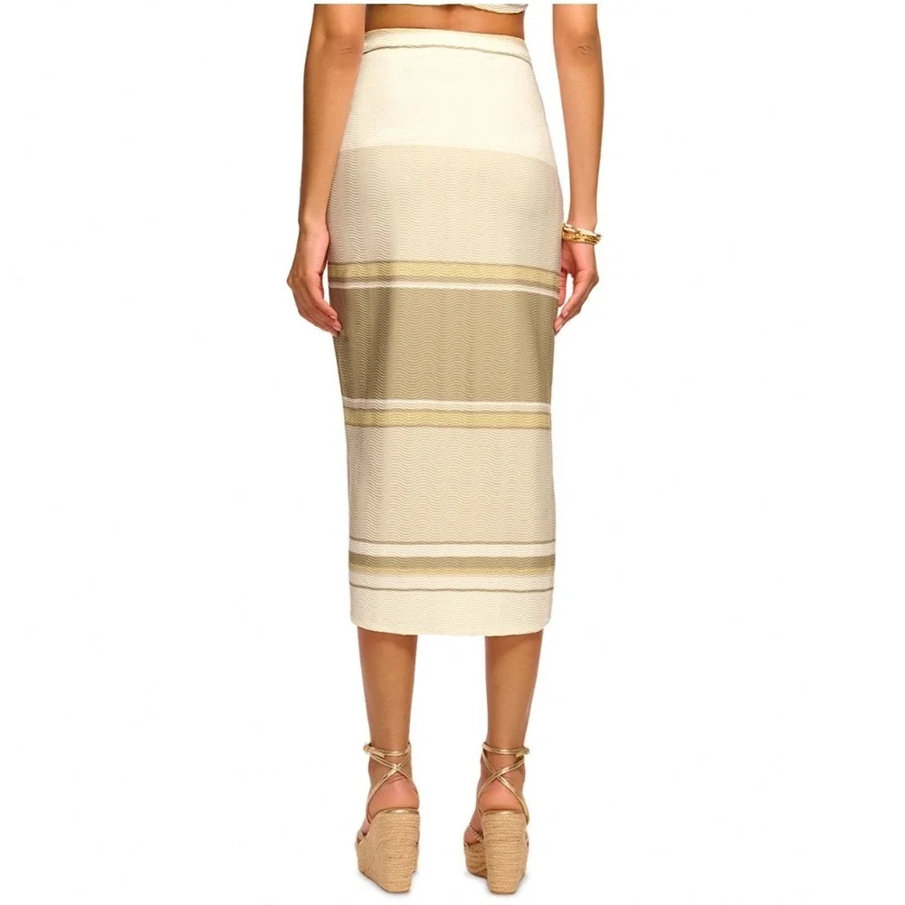 Ramy Brook Xana Swim Cover-Up Skirt Sandstone Stripe Metallic Midi Front Slit M